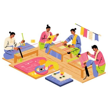 A group of artisans is seated on a wooden floor, engaged in weaving traditional cloths. They are using colorful threads with intricate patterns. Each artisan focuses on their loom, skillfully creating vibrant fabric. The cloth features prominent "Jagannath motifs," showcasing the distinct eyes and vibrant colors associated with the deity. Surrounding the artisans are spools of colorful threads, weaving tools, and finished pieces of cloth draped over nearby benches. The scene captures the dedication and craftsmanship of the artisans as they work together in harmony.