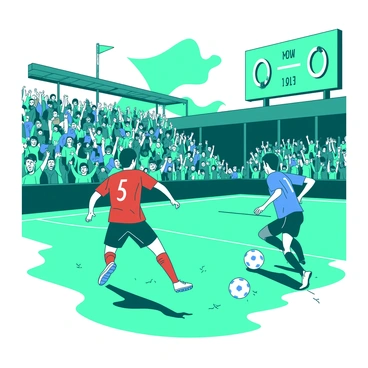 A teal soccer stadium is filled with a lively crowd, displaying a sea of enthusiastic fans waving flags and wearing team jerseys. In the foreground, two players are engaged in a fierce match, one wearing a red jersey and the other in a contrasting blue jersey, both showcasing intense concentration as they chase the ball. The crowd's energy is palpable, with people standing and cheering, their faces painted in team colors. Above the playing field, a scoreboard displays the current match score, surrounded by a vibrant atmosphere filled with excitement and anticipation.