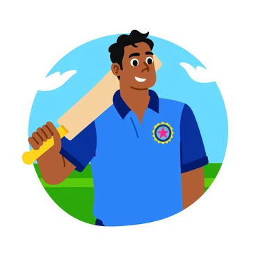 A smiling MS Dhoni stands confidently with a cricket bat resting on his shoulder. He is wearing a blue cricket jersey with his team's logo prominently displayed on the front. The background features a cricket field with a clear blue sky overhead. His hair is slightly tousled, adding to his relaxed demeanor. The cricket bat is detailed, showing the wood grain texture, and he radiates an approachable and friendly vibe.