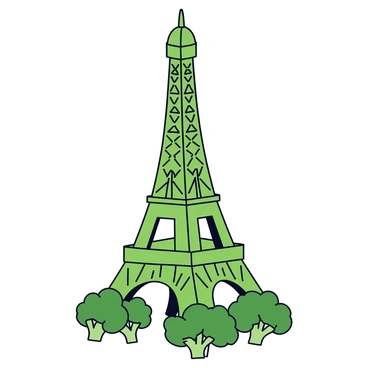 A detailed sculpture of a famous monument, such as the Eiffel Tower, is intricately carved entirely from broccoli. The sculpture showcases the distinct shapes and angles of the tower, with each piece of broccoli carefully arranged to create the iconic silhouette. The broccoli has varying shades of green, adding depth and texture to the monument. The base of the sculpture is surrounded by smaller pieces of broccoli that represent the ground. The overall composition emphasizes the uniqueness of the broccoli as a medium while clearly depicting the recognizable structure.