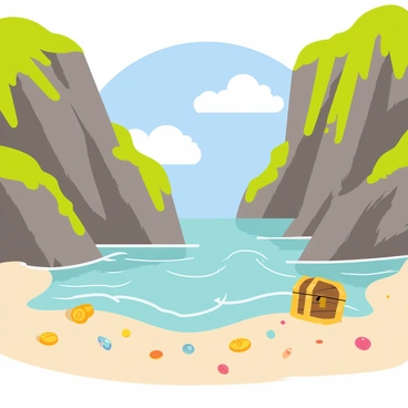 A secret cove with clear water and hidden pirate treasures glimmering in the sunlight.