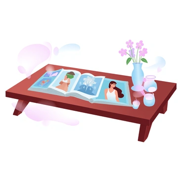 A collection of vintage fashion magazines is fanned out on a stylish coffee table. The magazines feature colorful covers showcasing various fashion designs and trends from different eras. The coffee table has a sleek wooden surface with a polished finish. A few decorative items, such as a small vase with fresh flowers and a scented candle, are placed next to the magazines. The lighting creates a warm ambiance, highlighting the textures of the magazines and the smoothness of the table.