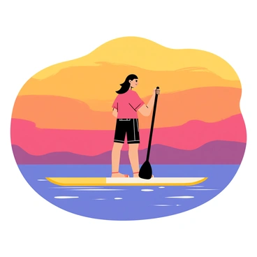 A paddleboarder with a defined silhouette is positioned on calm water. The paddleboarder is holding a paddle upright, creating a gentle curve in the water. A vibrant sunset fills the background, showcasing layers of orange, pink, and purple hues blending seamlessly. Soft ripples in the water reflect the warm colors of the sky, adding depth to the scene. The overall composition emphasizes the tranquil moment between the paddleboarder and the stunning sunset.