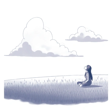 A wide-open field with tall grass swaying in the breeze. In the center of the field, there is a solitary figure sitting cross-legged on the ground. The dreamer has long hair flowing gently and is gazing upward with an expression of contemplation. The sky is filled with dramatic clouds, creating a vast scene above the dreamer. The horizon is defined, drawing focus to the figure amidst the expansive landscape.