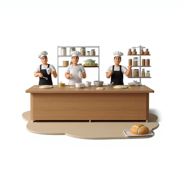 A bakery scene filled with various baking equipment and fresh ingredients. Two bakers are working diligently at a large wooden countertop. One baker, wearing a white apron and a chef's hat, is using a separate set of measuring cups and a mixing bowl to prepare gluten-free flour. The other baker, dressed in a black apron, is kneading dough made from traditional wheat flour, using distinct utensils to avoid cross-contamination. Shelves in the background are stocked with jars of gluten-free ingredients. A tray of freshly baked gluten-free bread cools on a nearby rack, showcasing the bakers' commitment to safe baking practices.