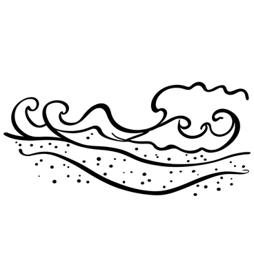 A flowing line work illustration features rhythmic ocean waves rolling in and crashing onto the sandy shore. The lines of the waves undulate gracefully, creating a sense of movement and energy. Smooth curves depict the foam of the waves as they break, scattering across the beach. The shoreline is gently sloped, with small grains represented by intricate detailing in the sand, giving a sense of texture. Overall, the illustration captures the dynamic relationship between the ocean and the land.