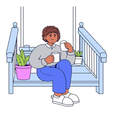 A person sitting on a wooden porch, holding a white coffee mug. The individual has short brown hair and is wearing a cozy gray sweater. The porch has a simple railing, and there are potted plants on either side. The person gazes thoughtfully ahead, with a gentle smile. The morning light casts soft shadows on the porch floor.