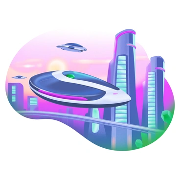 A futuristic hovercraft with sleek, aerodynamic lines is gliding smoothly over a vibrant cityscape filled with towering skyscrapers. The buildings are adorned with illuminated windows and neon accents in various shades of blue and pink. Below the hovercraft, a network of sky bridges connects the structures, while flying vehicles zip by in the distance. The sky is an electric gradient of colors, indicating sunset, creating a stunning backdrop for this advanced urban environment.