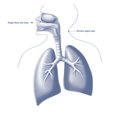 A detailed educational diagram depicting the human respiratory system. The diagram includes the major components such as the nasal cavity, trachea, bronchi, and lungs. Each part is clearly labeled with its name. Airflow paths are illustrated with arrows showing the direction of air movement through the system, starting from the nasal cavity, moving down the trachea, branching into the bronchi, and entering the lungs. The diaphragm is also included in the diagram, labeled as it plays a crucial role in respiration. The entire layout is organized for clarity, allowing for easy understanding of the respiratory process.