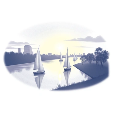 A scenic view of the Charleston River at sunset. The sky is filled with soft gradients as the sun sets on the horizon. Several sailboats are visible on the water, their sails catching the gentle breeze as they glide smoothly by. The river reflects the shapes of the boats and the intricate details of the surrounding landscape, creating a harmonious composition. Silhouettes of trees and distant buildings frame the scene, enhancing the tranquil atmosphere.