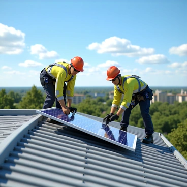 Two technicians wearing safety helmets and harnesses are installing solar panels on a sloped rooftop. One technician is securely fastening a solar panel with a wrench, while the other is carefully aligning the next panel for installation. The rooftop has a mix of grey tiles and metal surfaces. Below them, there are trees and buildings in the background. The sky is bright blue with a few fluffy white clouds scattered throughout. Sunlight illuminates the scene, highlighting the technicians' focused expressions as they work.