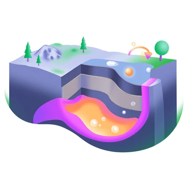 A cross-section illustration of the Earth's crust displaying the process of subduction. At the top, the surface features a rocky terrain with a few scattered trees. Below, the Earth's crust is shown with two tectonic plates, one being pushed beneath the other, creating a clear visual of the subduction zone. Magma is represented as bright orange and red molten rock forming beneath the crust, surrounded by dark gray and black layers of the Earth's mantle. Bubbles and heat waves illustrate the intensity of the magma formation.
