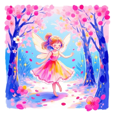A tiny fairy with delicate wings is dancing gracefully among blooming cherry blossom trees. The fairy is wearing a shimmering dress made of petals and has a joyful expression on her face. Soft pink and white cherry blossoms fill the background, creating a vibrant canopy. Surrounding the fairy are sparkling lights that resemble fireflies, illuminating the scene with a soft glow. The ground is covered with fallen petals, adding to the enchanting atmosphere.