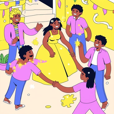 A bride with a bright yellow turmeric paste covering her skin. She is smiling widely and her long hair is adorned with small flowers. Surrounding her are family members, all laughing joyfully. The courtyard is bathed in sunlight, casting warm shadows on the ground. There are colorful decorations hanging in the background, adding a festive atmosphere. Some family members are playfully splashing turmeric on each other, while others are holding hands and dancing around the bride.