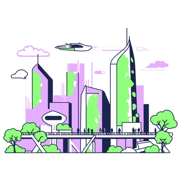A futuristic cityscape is presented, showcasing a skyline filled with sleek, modern buildings that have unique, geometric shapes. The buildings are interspersed with vertical gardens, featuring lush greenery cascading down their sides. In the foreground, a network of elevated walkways connects various sections of the city, bustling with people. Above, several flying vehicles glide smoothly through the air, leaving gentle trails behind them. The sky is clear, providing a bright backdrop that enhances the vibrancy of the scene.