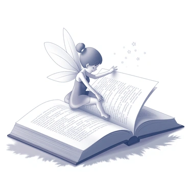 A small fairy with delicate wings is perched on an open book. The fairy has intricate, gossamer wings that reflect light, and she is gently lifting one of the pages with her hand. Her other hand is raised as if she is conjuring a whisper of magic, which is illustrated as swirling, faint sparkles around her. The book is large, with ornate pages filled with script and illustrations, lying on a natural surface like grass or wooden table. The setting conveys an enchanting atmosphere as the fairy interacts with the pages of the book.