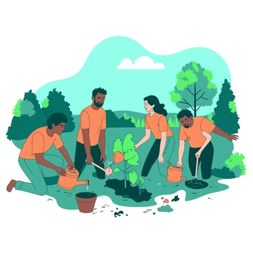 A teal background features a diverse group of volunteers actively planting young green trees in a local park. The volunteers include individuals of various ethnicities and ages, all wearing bright orange t-shirts representing their community initiative. Some volunteers are digging holes in the earth, while others are carefully placing the saplings into the ground. Nearby, a couple of volunteers are watering the newly planted trees using orange watering cans. In the background, there are vibrant green park elements like grass, bushes, and a clear blue sky, emphasizing the community's efforts towards beautifying the environment.
