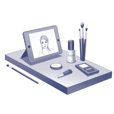A tablet is placed on a flat surface, displaying a makeup tutorial on the screen. The tablet is angled slightly towards the viewer for clarity. Surrounding the tablet are various makeup products from Sephora, including a foundation bottle, a palette of eyeshadows, and a set of makeup brushes. Each product is neatly arranged, showcasing its details. The scene is well-lit, highlighting the textures of the makeup items and the clarity of the tutorial on the tablet.