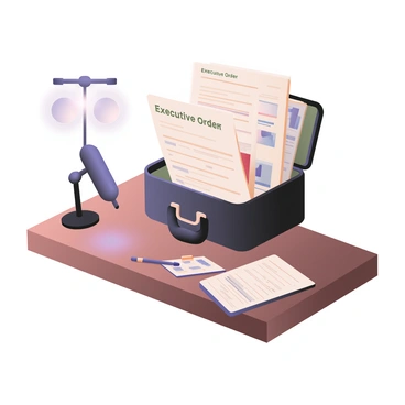 A digital flat illustration featuring a black briefcase slightly open, revealing a stack of neatly organized documents. The documents are labeled with bold headers such as "Executive Order" and contain various charts and graphs. The briefcase is placed on a wooden table, which has a polished finish. In the background, there is a microphone on a stand along with bright studio lights, indicating the presence of a press conference. A notepad and pen are also visible next to the briefcase, suggesting preparedness for questions. A subtle shadow is cast beneath the briefcase, enhancing the focus on the scene.