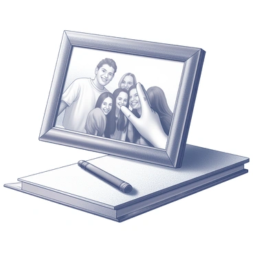 A close-up of a photo frame positioned on a desk. The frame has a decorative border, and the glass front reflects subtle light. Inside the frame, a photograph captures a happy moment, possibly a group of friends smiling or a family gathering. A finger is visible, gently touching the glass, conveying an emotion of remembrance. The desk may have some minor details, such as a notebook or a pen nearby, adding to the sense of personal space.