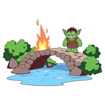 A small stone bridge over a brook, with a troll watching as flames start at one end