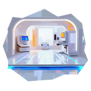 A sleek, metallic floor occupies the space of a futuristic laboratory, reflecting soft light across its surface. The floor features intricate, glowing lines that trace geometric patterns, illuminating the room with a subtle blue hue. Surrounding the floor is a collection of high-tech equipment, including transparent screens displaying data, and advanced machinery with smooth, curved designs. The walls are adorned with panels of shiny metal and glass, enhancing the modern aesthetic of the environment.