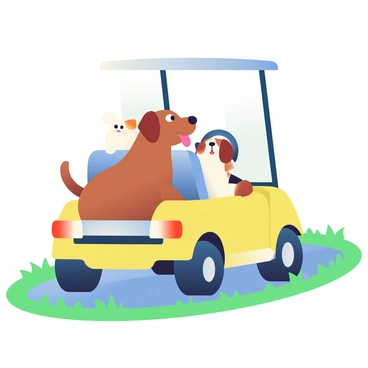 A yellow golf cart is driving along a grassy path. In the back of the cart, two playful dogs are sitting side by side. One dog is a brown Labrador with a wagging tail, while the other is a small white terrier with perky ears. The Labrador's tongue is hanging out, showing excitement, and both dogs have their eyes wide open, enjoying the breeze. The sun casts soft shadows on the ground, highlighting the vibrant green grass surrounding the path.
