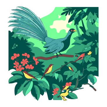 A teal lyrebird is showcased perched on a branch, displaying its intricate tail feathers that fan out beautifully. Surrounding the lyrebird, various small birds with yellow and red plumage are flitting around, some perched nearby, while others are playfully hopping on the ground. The jungle is lush and filled with dense green foliage, with dappled sunlight filtering through the leaves above. Vibrant tropical flowers in shades of red and yellow add splashes of color to the scene, enhancing the lively atmosphere of the jungle.