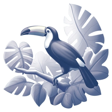 A toucan perched on a branch. The bird has a large, colorful beak and is facing slightly to the side. Surrounding the toucan is dense foliage, with large leaves and various plant shapes filling the background. The atmosphere is lively, with a variety of leaf textures and forms adding depth to the scene. Sunlight filters through the canopy, casting soft shadows on the branch and leaves.