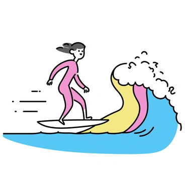 A surfer, wearing a bright red wetsuit, is skillfully riding a large wave. The wave appears to be composed of swirling colors representing various emotions; sections of the wave are in shades of blue to symbolize sadness, vibrant yellows and oranges for joy, and dark reds to depict anger. The surfer is balancing on a sleek, white surfboard, with his hair flying in the wind. The background shows a clear sky, enhancing the vivid colors of the emotional wave.