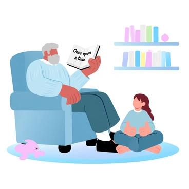 A grandparent is seated in a cozy armchair, holding a storybook open. The grandparent has gray hair and is wearing a knitted sweater. The grandchild is sitting cross-legged on the floor, looking up intently at the book. The room is filled with warm, soft light. A small bookshelf filled with various colorful books is visible in the background. Nearby, a plush toy rests on a colorful rug. "Once upon a time" is written on the pages of the open book.