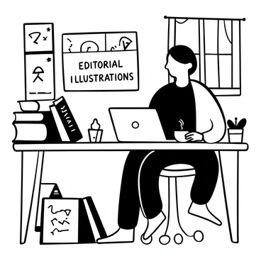 A person seated at a wooden table with a laptop open in front of them. The individual is surrounded by stacks of books and sketches of various editorial illustrations. A steaming cup of coffee rests next to the laptop. A warm blanket is draped over the chair, and there is a window in the background with curtains slightly drawn. A small potted plant sits on the table, adding a touch of life to the scene. The words "Editorial Illustrations" are displayed prominently on the laptop screen.