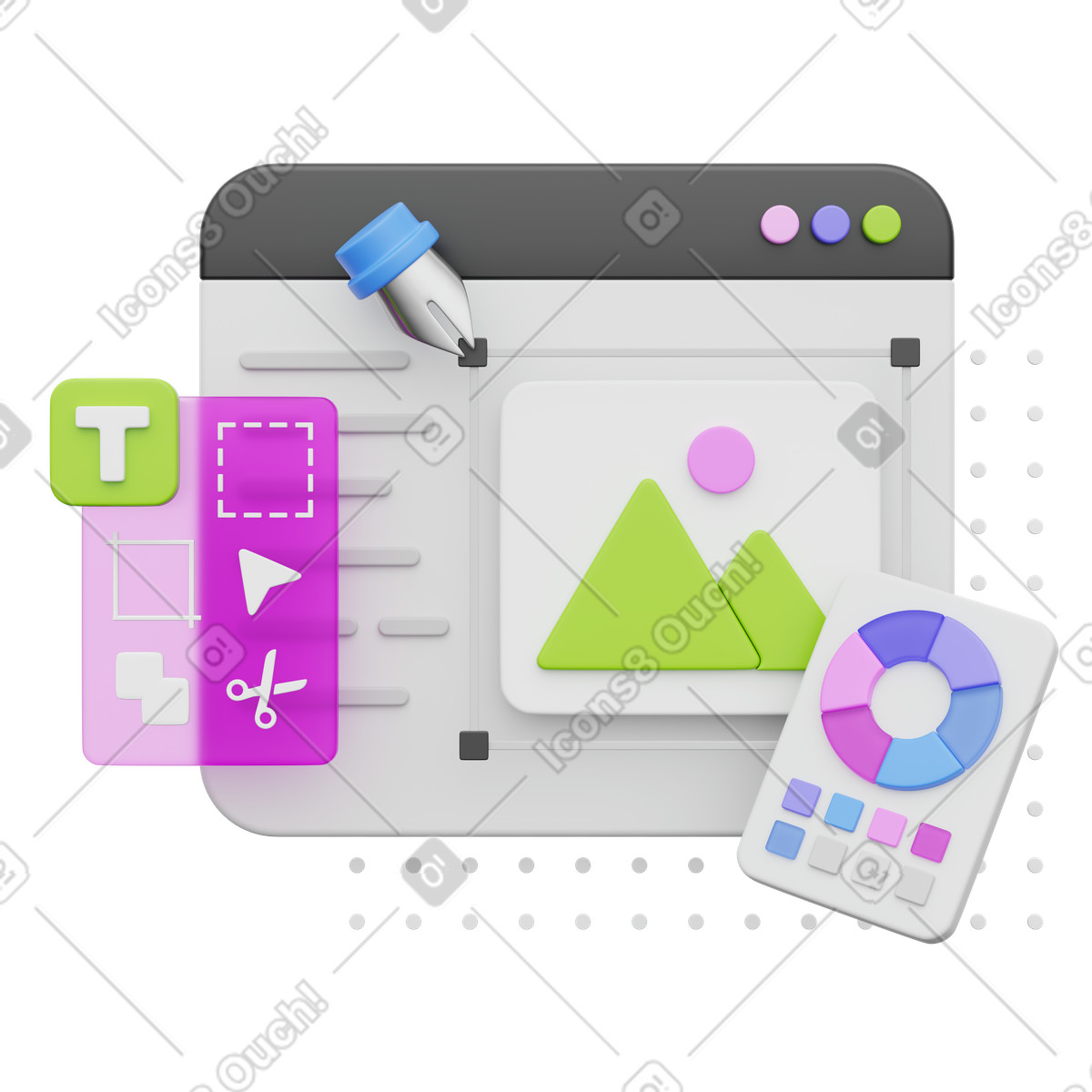 Photo editor interface with tools for digital image layout customization-Illustration im 3D Playful-Stil als Download in PNG, SVG