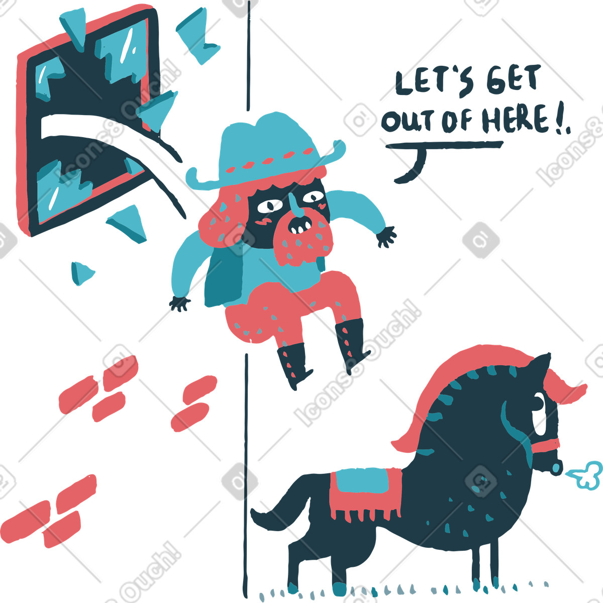 Illustration Cowboy jumping from window onto horse, Log out or exit concept dans le style Flamenco à télécharger aux formats PNG, SVG