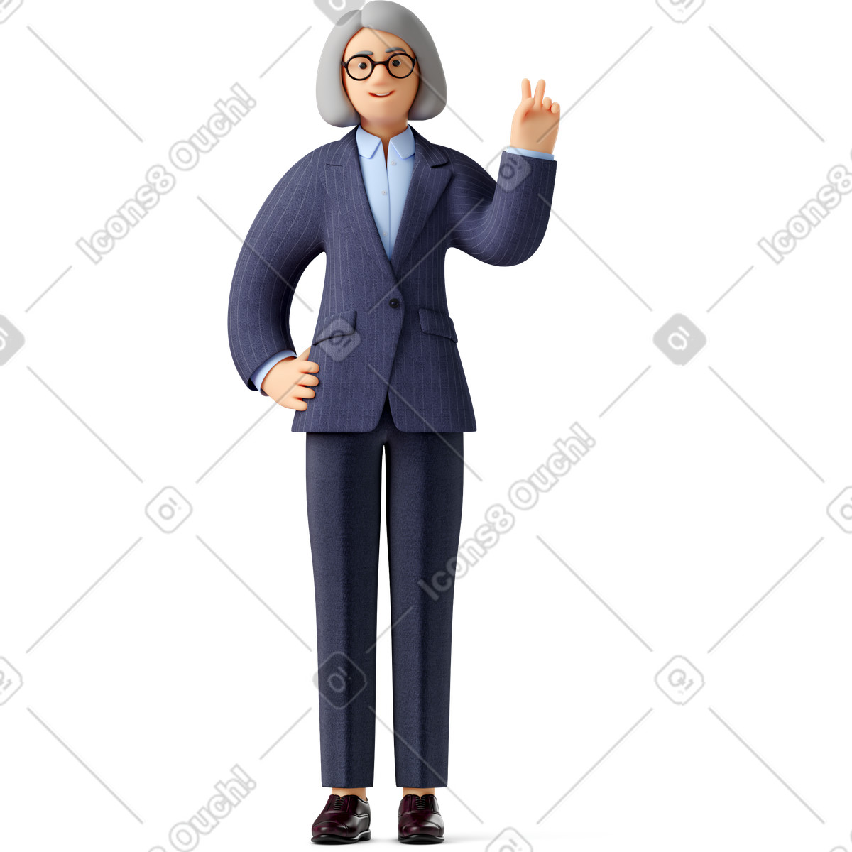 Illustration Vieille femme d'affaires en tenues de soirée et lunettes montrant le signe la paix dans style 3D Business à télécharger aux formats PNG, SVG