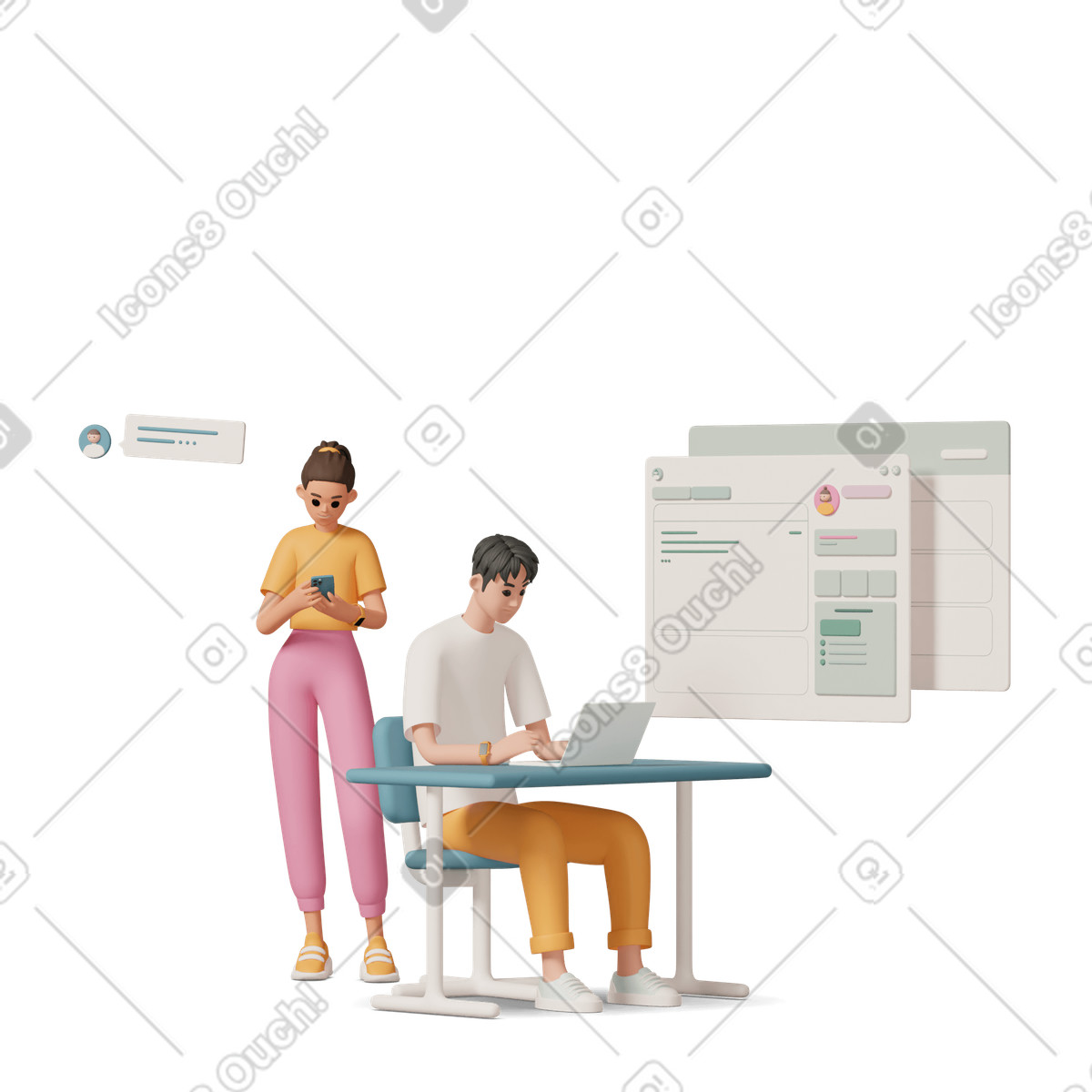 Illustration Man woman chatting with speech bubble and web browser windows dans le style 3D Casual life à télécharger aux formats PNG, SVG
