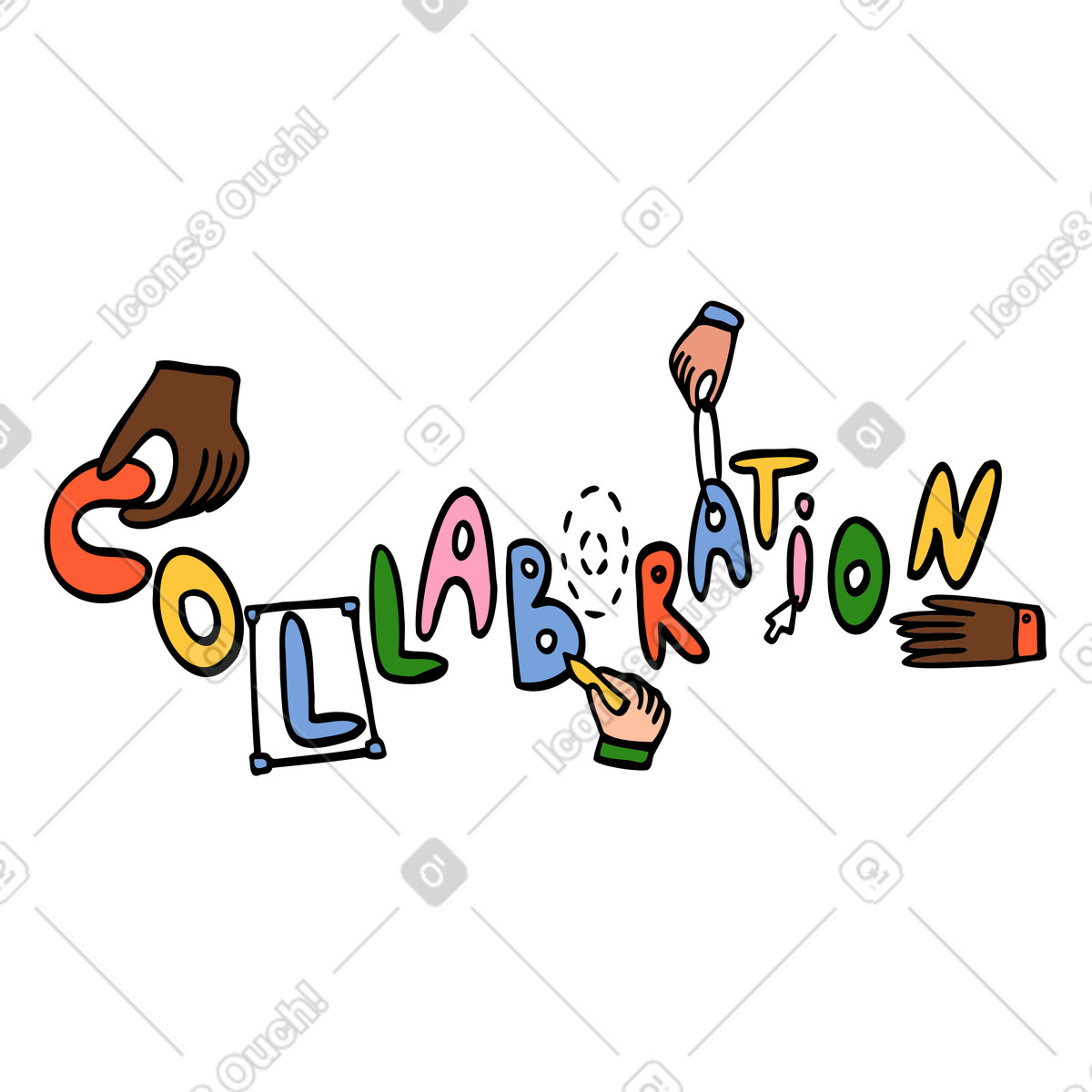 Collaboartion lettering with hands writing it illustration in Comic style download in PNG, SVG