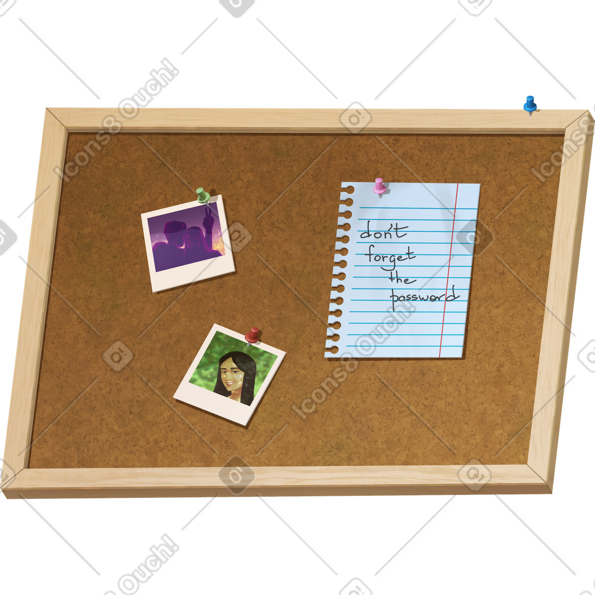 Cork board with photos and a note-Illustration im Props-Stil als Download in PNG, SVG