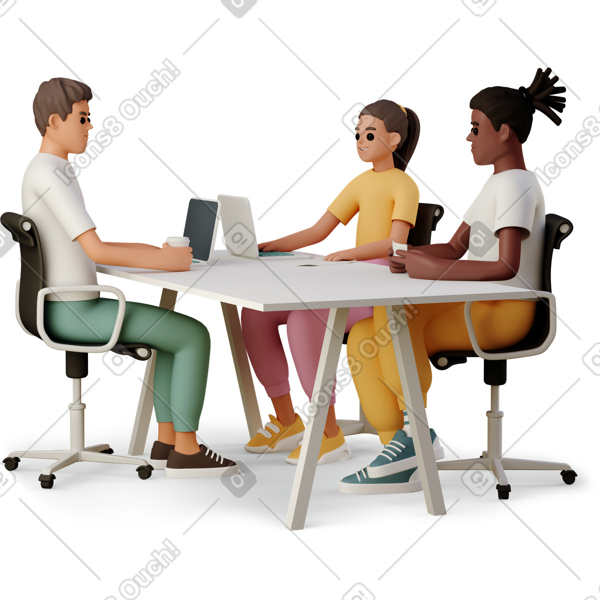 下载 3D Casual life 风格的 Young men and woman working at the table 插画，支持 PNG、SVG 格式