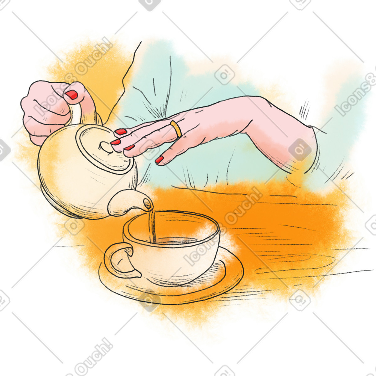 Woman's hands pour tea into a mug illustration in Moments style download in PNG, SVG