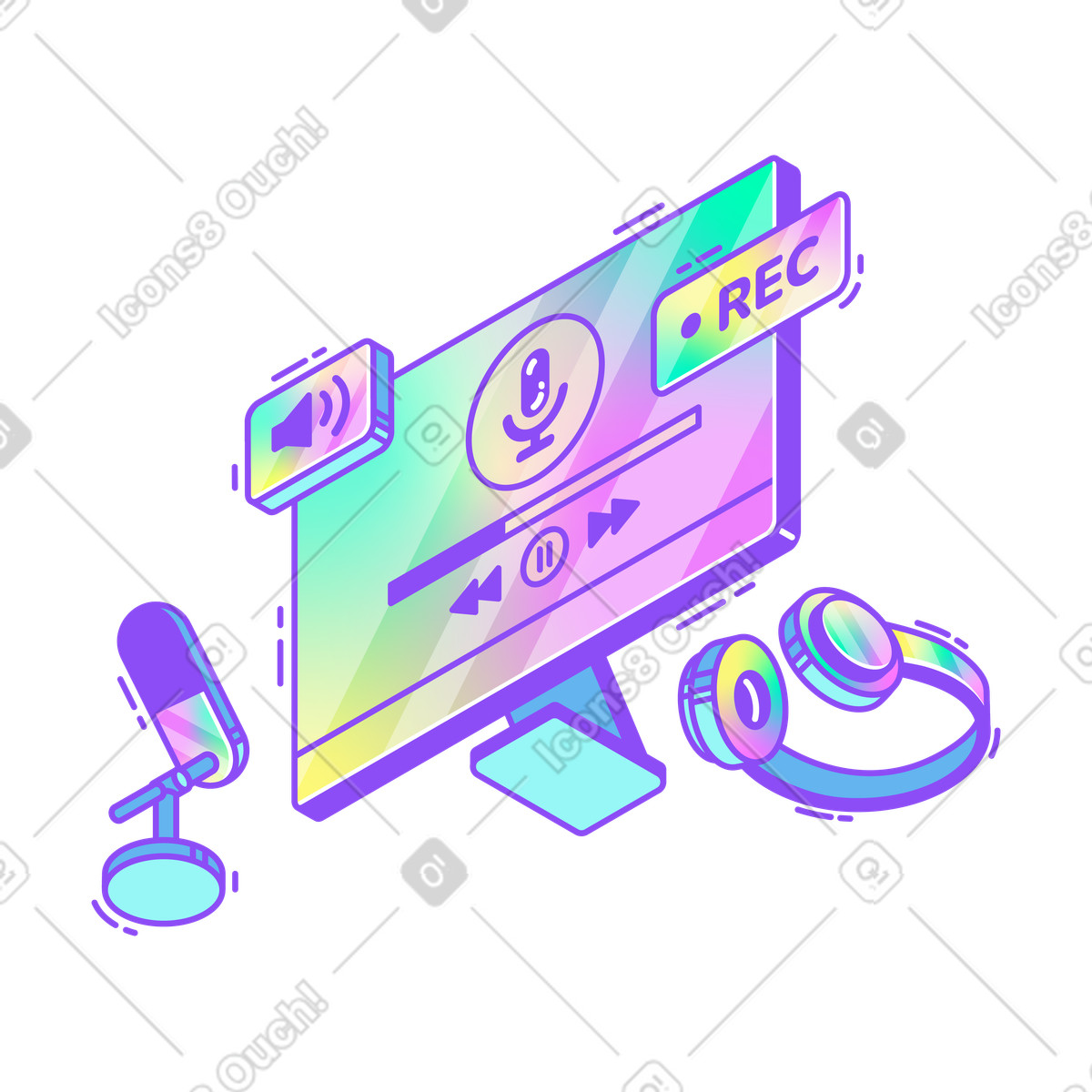 Podcast recording workflow, Audio broadcasting and production illustration in Holographic style download in PNG, SVG