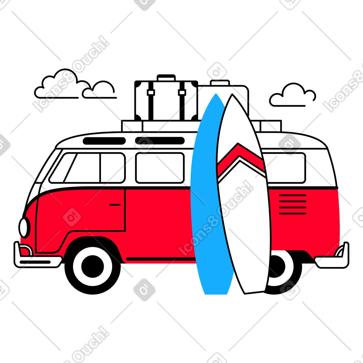 Ilustração de Van vermelha com malas no bagageiro e pranchas surf em estilo Transistor para baixar em PNG, SVG