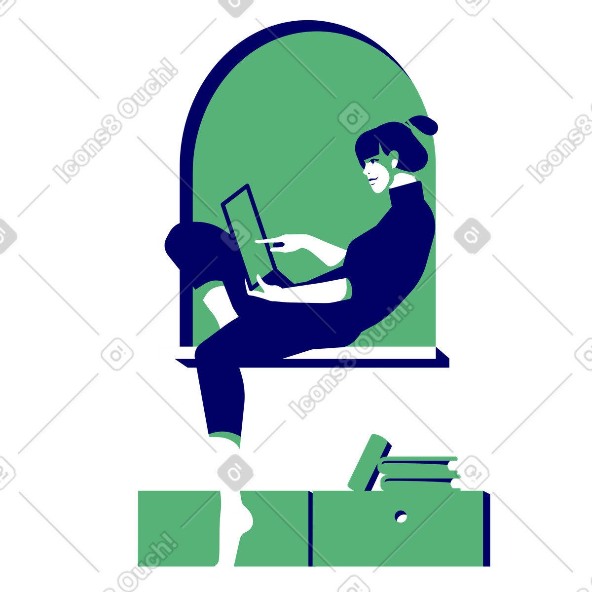 Remote work, woman sitting in relaxed pose on the window with iPad her hands illustration Lounge style download PNG, SVG
