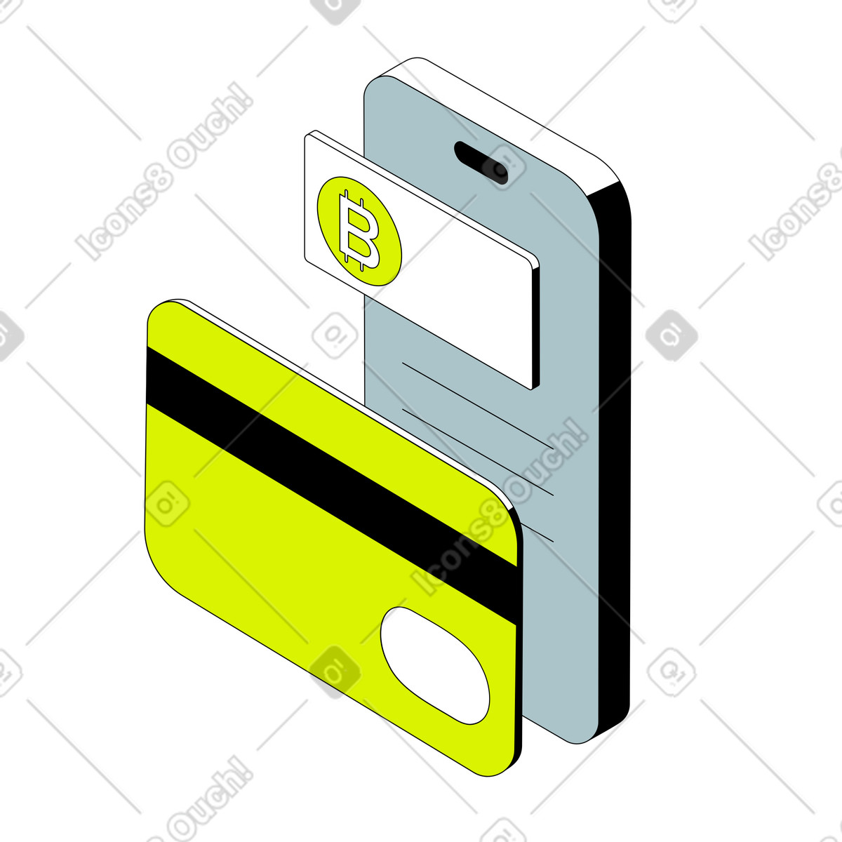 Cryptocurrency exchange with smartphone and bank card illustration in PNG, SVG