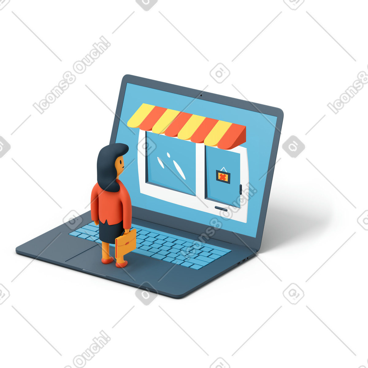 Illustration Femme debout sur un ordinateur portable et regardant une boutique en ligne fermée dans le style 3D Flame à télécharger aux formats PNG, SVG