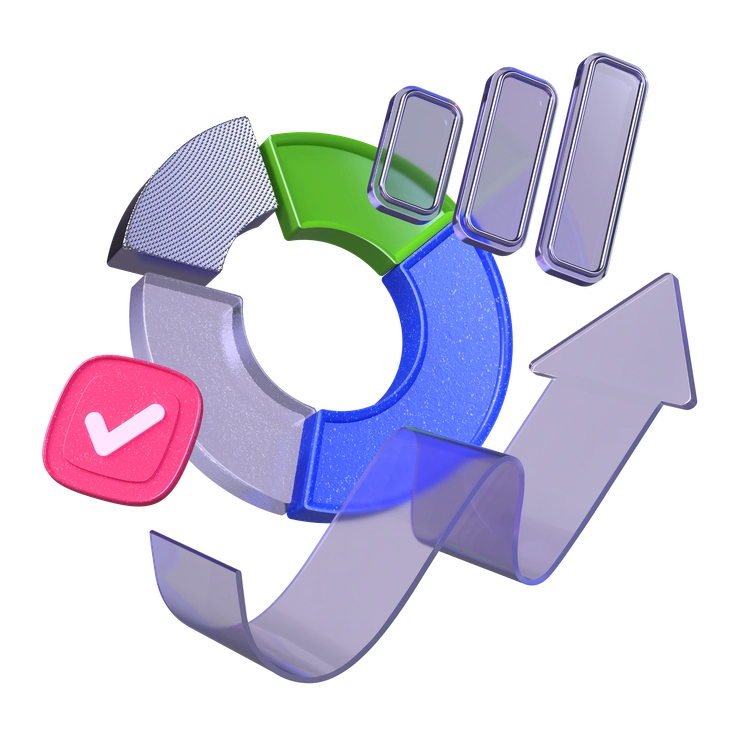 Colorful pie chart with checkmark and upward trend - 3D Boost style illustration