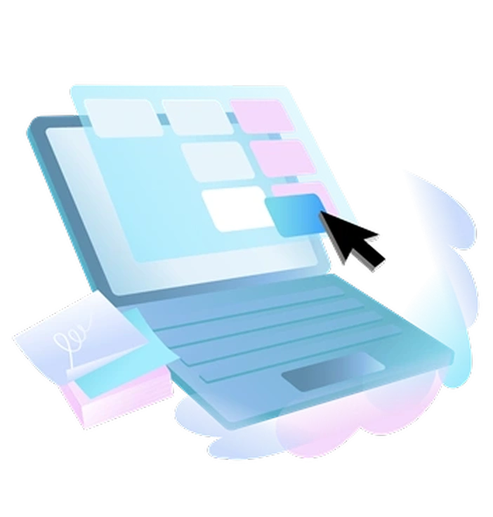 A laptop with a cursor and floating windows - Airy style illustration