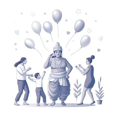 A scene depicting a celebration with an "onathappan" figure prominently displayed in the center. The figure is elaborately dressed, showcasing intricate traditional attire. Surrounding the figure, "colorful balloons" are floating above, some shaped like stars and hearts, adding a sense of festivity to the atmosphere. There are decorations in the background, including garlands and streamers, enhancing the celebratory mood. The scene captures the essence of joy and festivity, with people engaged in cheerful activities nearby.