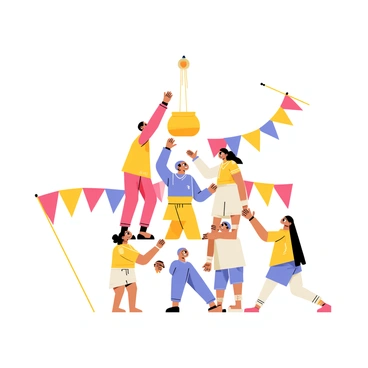 A human pyramid made up of five individuals, with the top person stretching their arm towards a suspended pot of curd. The individuals are wearing bright, colorful traditional outfits. The background features a series of vibrant flags in red, yellow, and blue, flapping in the breeze. The scene is lively, capturing the determination and teamwork of the individuals as they reach for the curd pot.