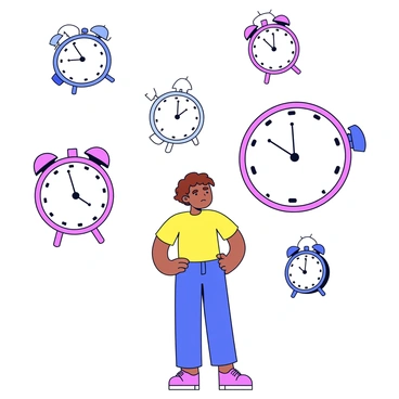 A person with short brown hair is standing with their hands on their hips, looking up at a large wall clock with a worried expression. Surrounding the person are several exaggerated flying clocks of different sizes and colors, each with spinning hands and whimsical designs. The clocks are shown in various positions, some flying high and others at eye level, creating a sense of chaotic movement. The background is a simple, solid color to emphasize the central figures.
